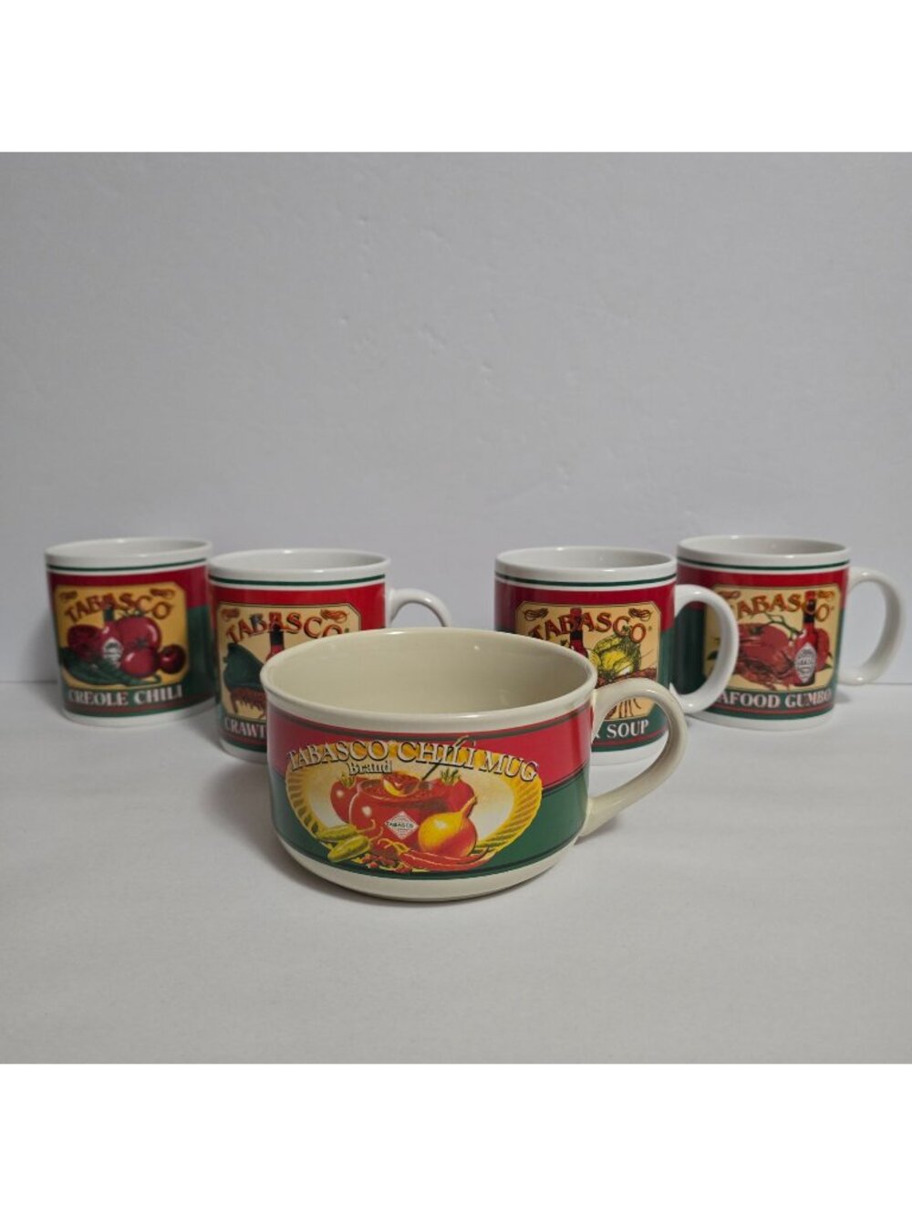 VTG Lot of 5 Tabasco Mugs Creole Chili Crawdad Stew Lobster Soup Seafood Gumbo